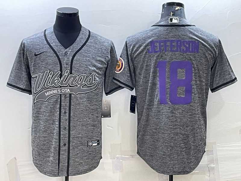 Mens Minnesota Vikings #18 Justin Jefferson Grey Gridiron With Patch Cool Base Stitched Baseball Jersey